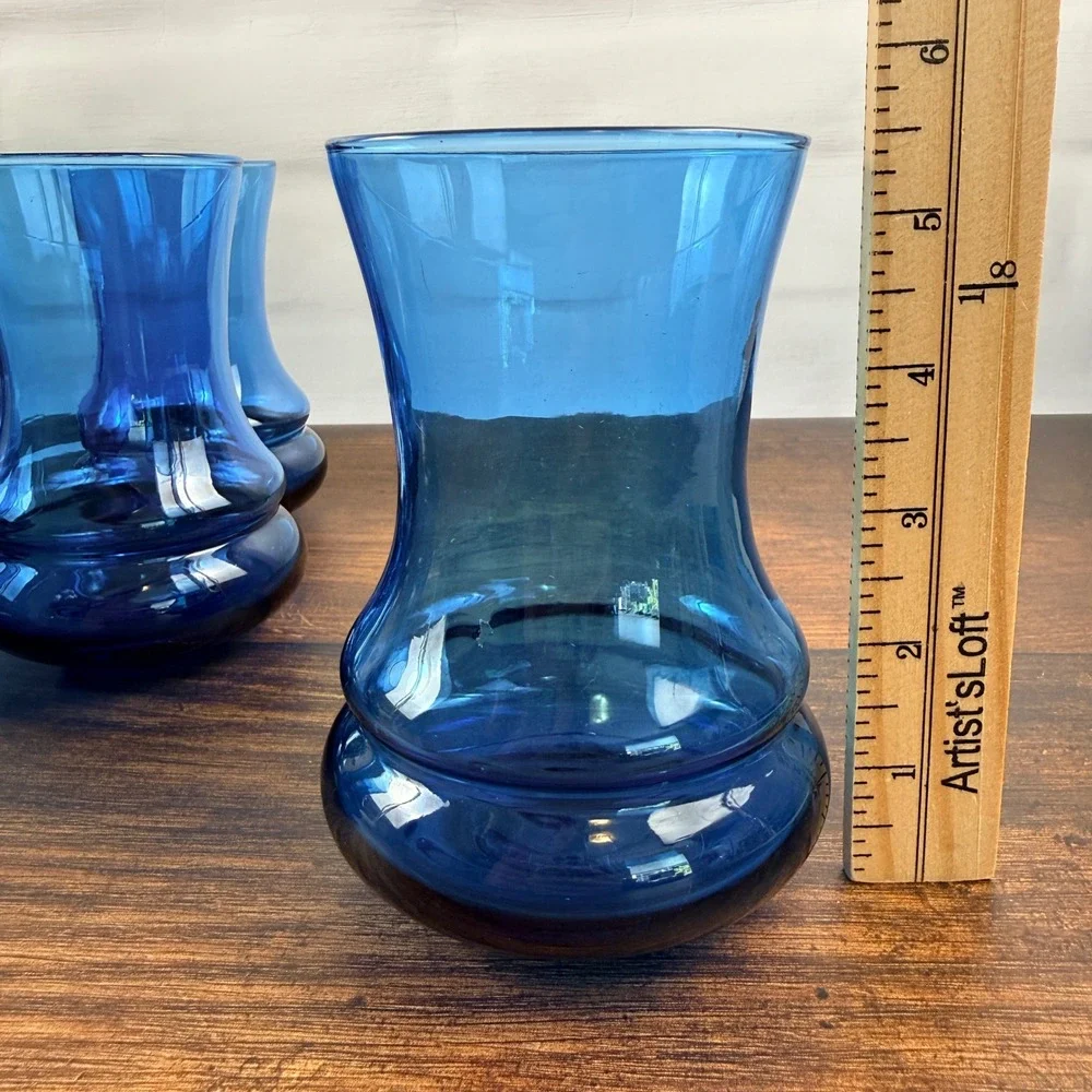Cobalt Blue Hand Blown Glass Tumblers Scandi Modern MCM Barware Set of 6